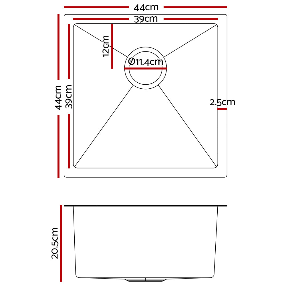 Proflow Kitchen Sink 440X440MM Stainless Steel  Single Bowl  Black