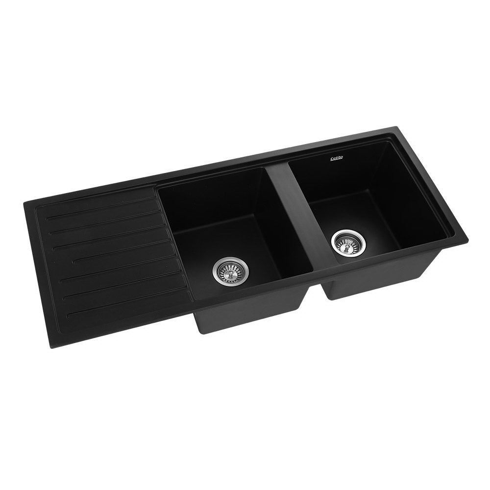 Black Granite Double Bowl Kitchen Sink Stone 116x49CM