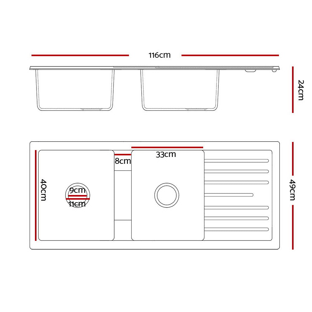 Black Granite Double Bowl Kitchen Sink Stone 116x49CM