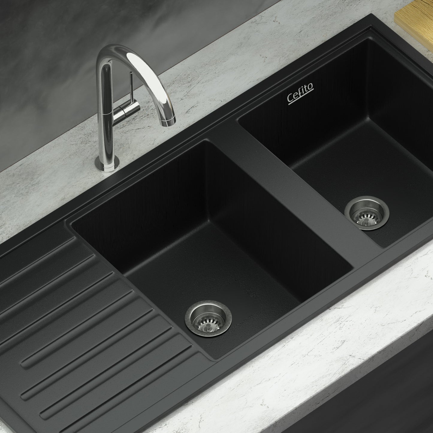 Black Granite Double Bowl Kitchen Sink Stone 116x49CM