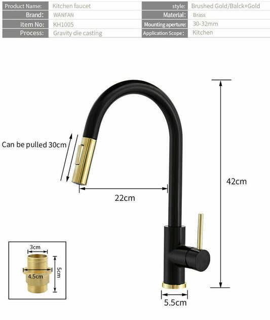 The Sink Spot Brushed Gold Spout Matte Black Pull-Out Kitchen Mixer Tap with Spray Function