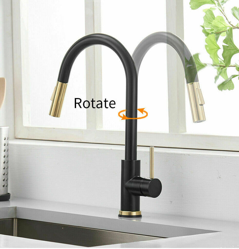 The Sink Spot Brushed Gold Spout Matte Black Pull-Out Kitchen Mixer Tap with Spray Function