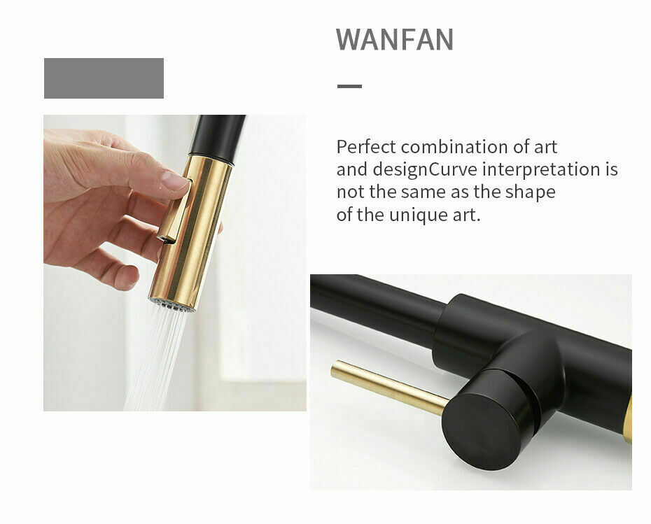 The Sink Spot Brushed Gold Spout Matte Black Pull-Out Kitchen Mixer Tap with Spray Function