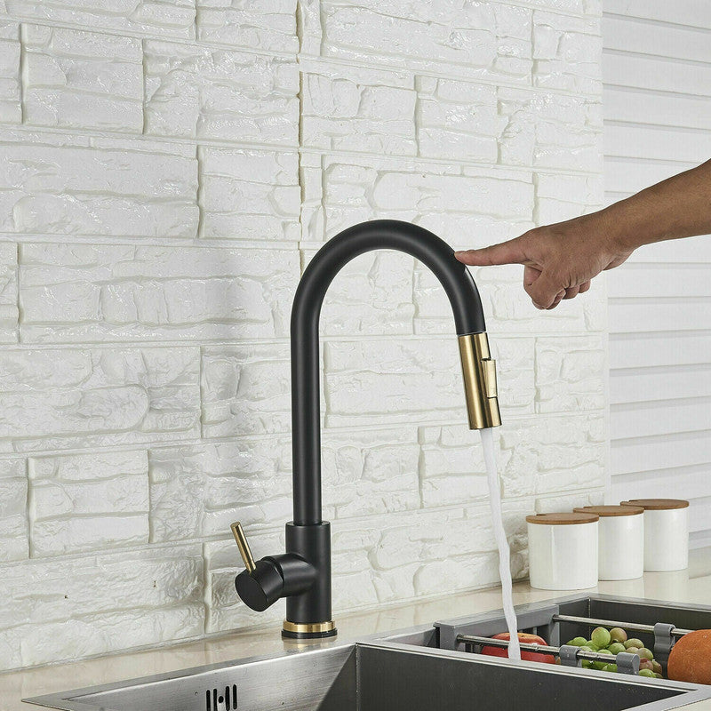 The Sink Spot Brushed Gold Spout Matte Black Pull-Out Kitchen Mixer Tap with Spray Function