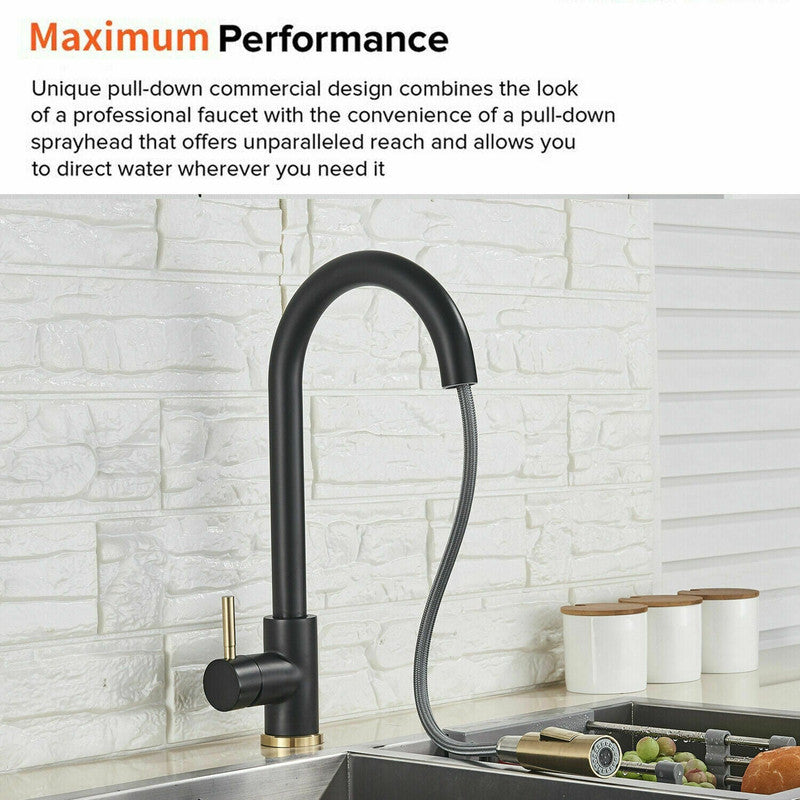 The Sink Spot Brushed Gold Spout Matte Black Pull-Out Kitchen Mixer Tap with Spray Function