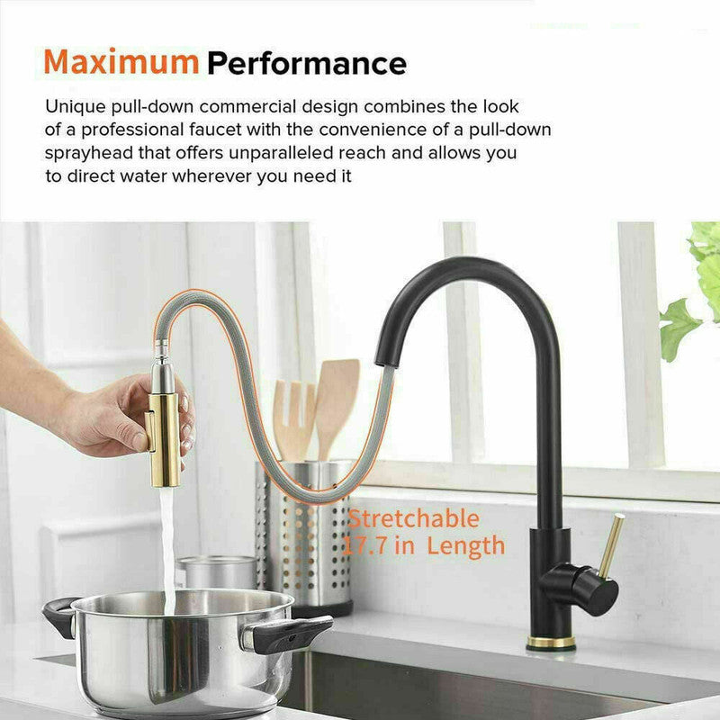 The Sink Spot Brushed Gold Spout Matte Black Pull-Out Kitchen Mixer Tap with Spray Function