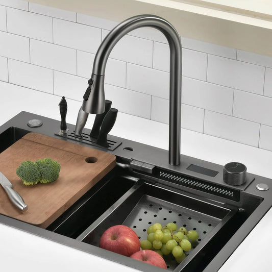 ProFlow Black Stainless Kitchen Sink With Digital Temp Display and Knife Holder - TSS-104